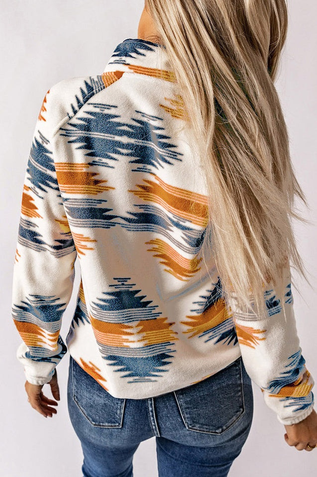Veste en Fleece à Boutons-pression et Motif Aztèque