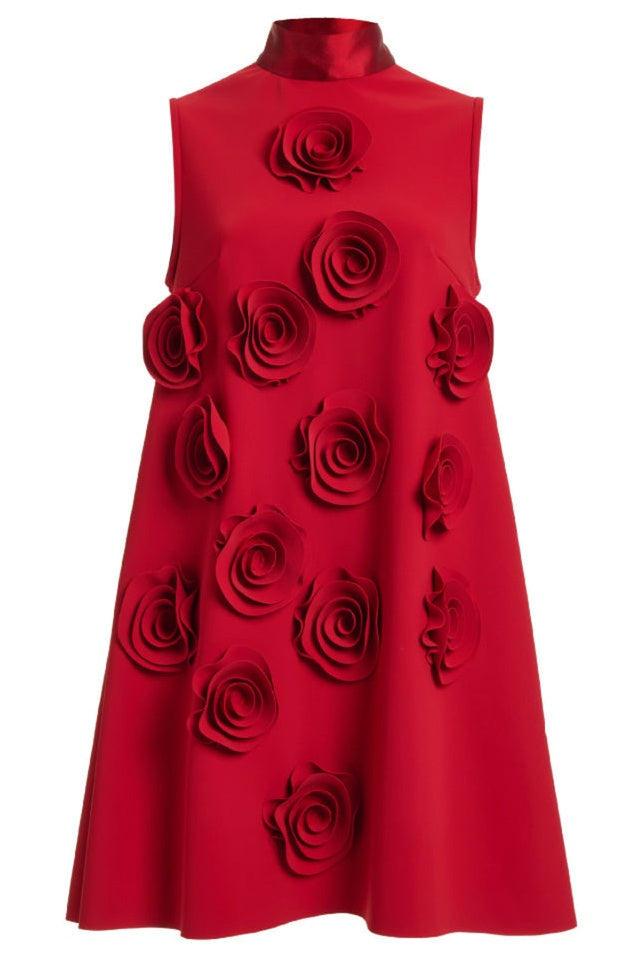 Robe Mini Évasée Rouge Appliquée