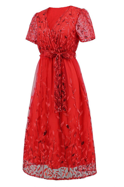 Robe Brodée de Feuilles à Sequins avec Décolleté Lié