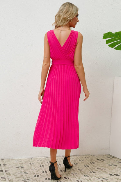 Robe Sans Manches Plissée avec Ceinture