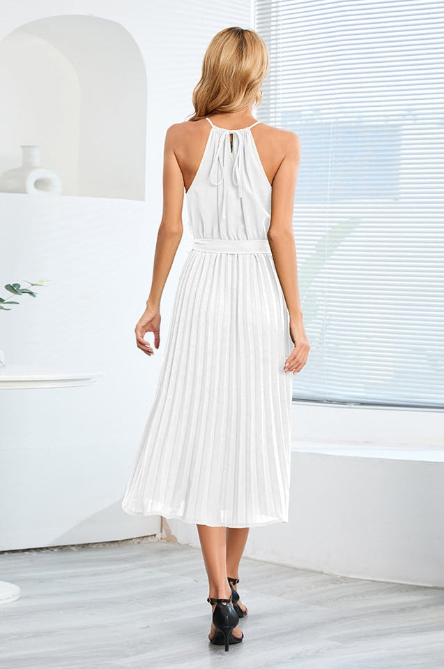 Robe Midi Évasée à Bretelles Spaghetti et Taille Cintrée Plissée