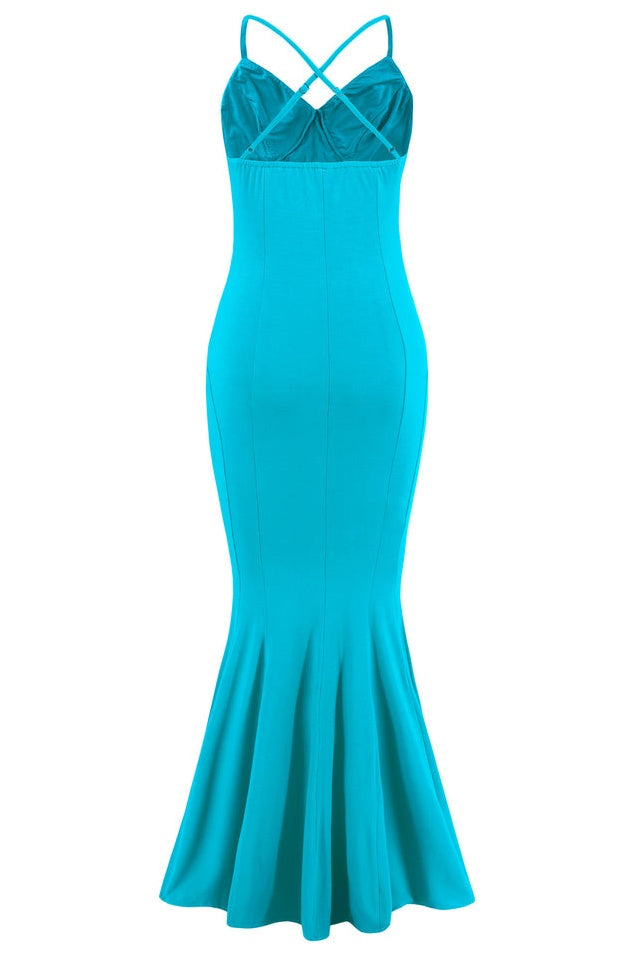 Robe de Soirée Brodée à Bretelles Croisées et Coupe Sirène
