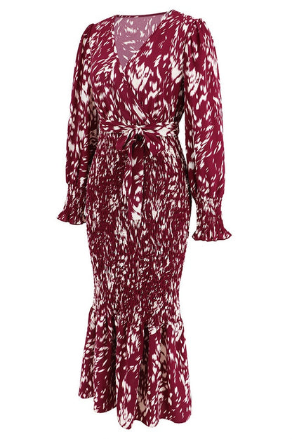 Robe Midi Smockée Imprimée à Col V