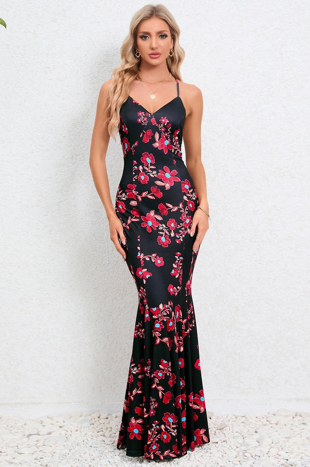 Robe de Soirée Brodée à Bretelles Croisées et Coupe Sirène