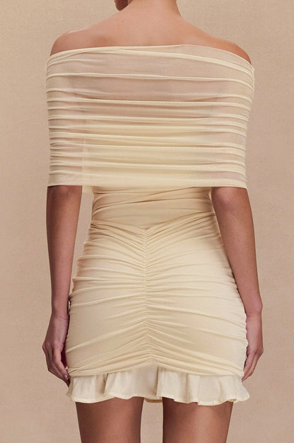 Robe Mini Évasée en Mesh et Satin à Épaules Dénudées