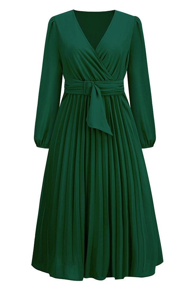 Robe V à Col en V avec Ceinture Plissée