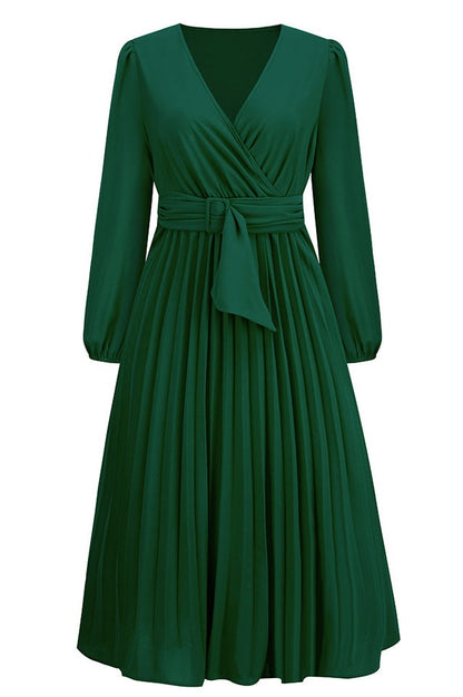 Robe V à Col en V avec Ceinture Plissée