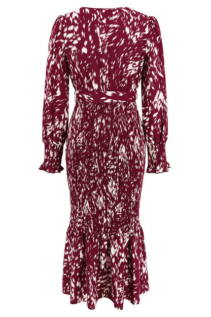 Robe Midi Smockée Imprimée à Col V