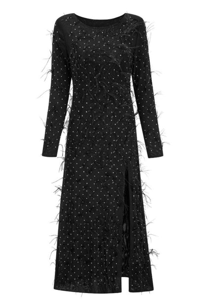 Robe Maxi Évasée avec Fente et Finition en Plume Synthétique Brodée de Strass