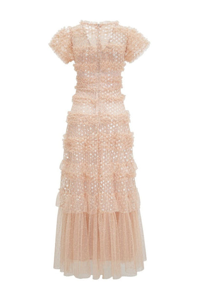 Robe Maxi en Tulle à Volants Superposés et Paillettes