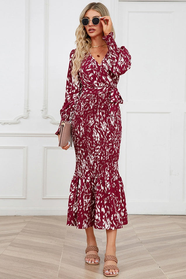 Robe Midi Smockée Imprimée à Col V