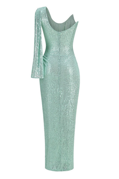 Robe Maxi Évasée à Épaule Unique et Décolleté Fissuré