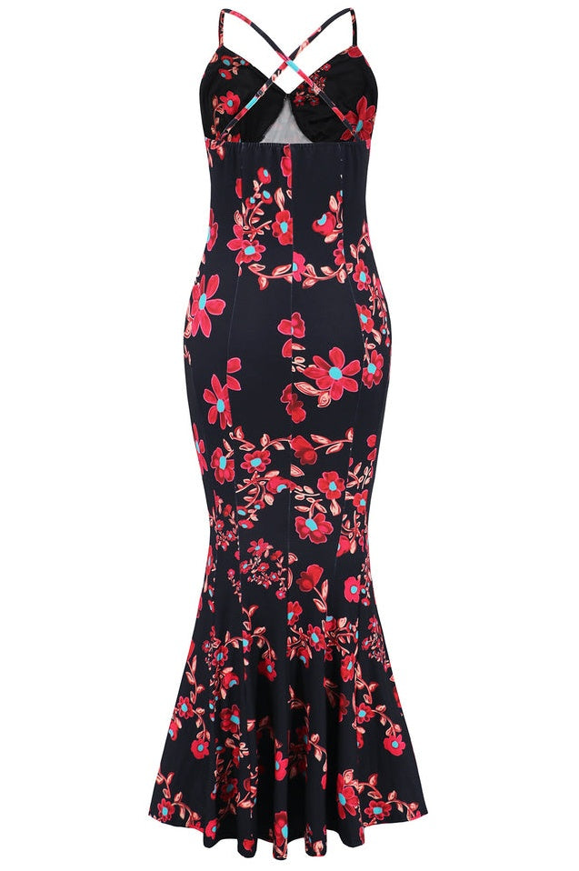 Robe de Soirée Brodée à Bretelles Croisées et Coupe Sirène