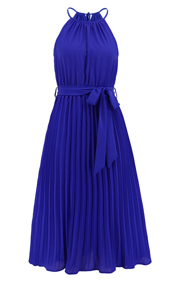 Robe Midi Évasée à Bretelles Spaghetti et Taille Cintrée Plissée