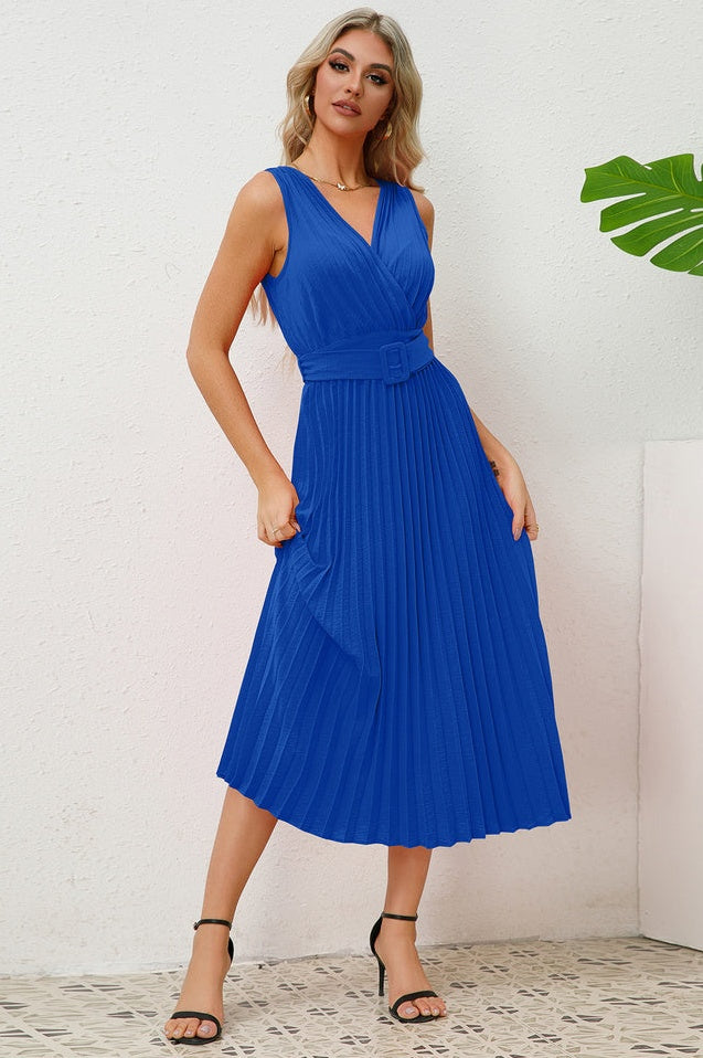 Robe Sans Manches Plissée avec Ceinture