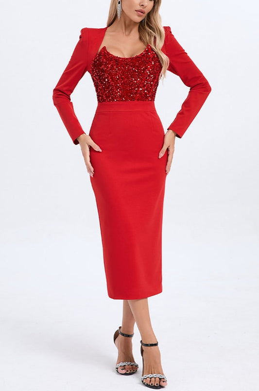 Robe Midi à Manches Longues Brodée de Sequins - Révier Paris