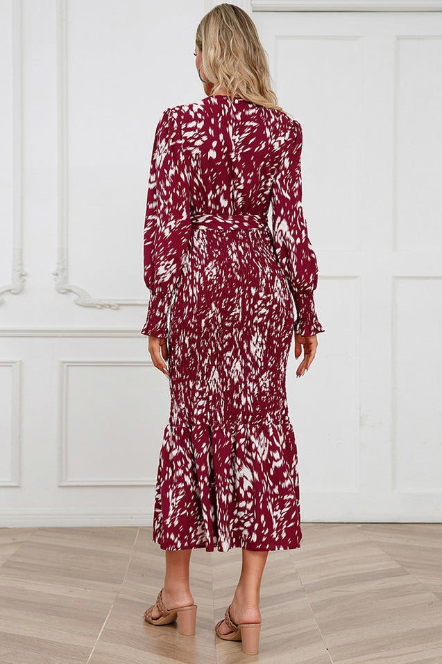 Robe Midi Smockée Imprimée à Col V