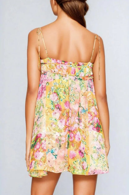 Robe Mini Empire Taille Haute en Chiffon Imprimé Floral