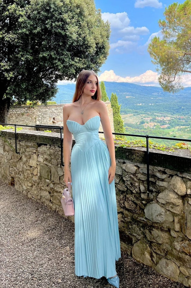 Robe Maxi Plissée Évasée de Luxe en Bleu Océan Marcella