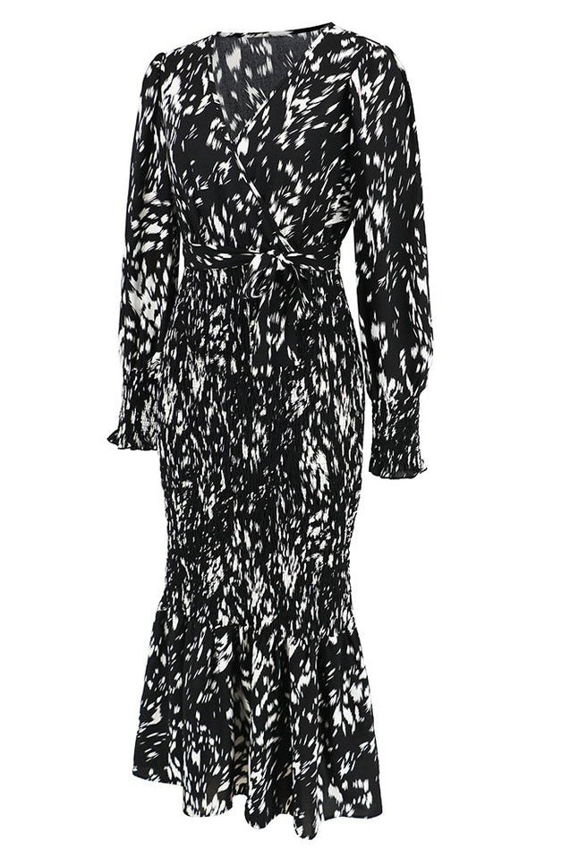 Robe Midi Smockée Imprimée à Col V