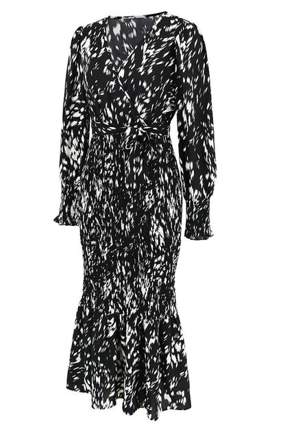 Robe Midi Smockée Imprimée à Col V