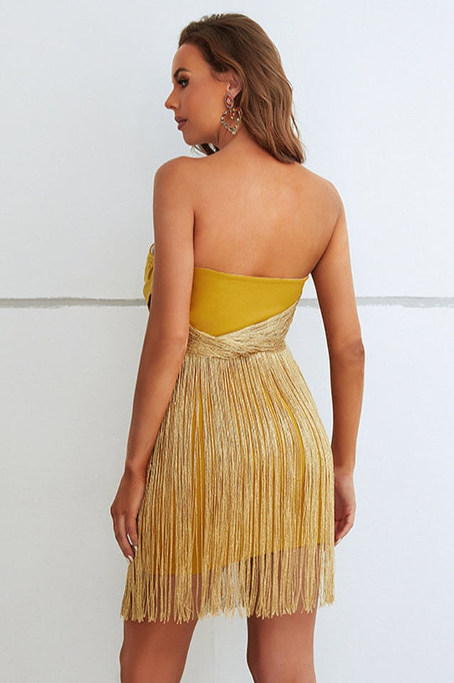 Robe en Soie Jaune à Volants avec Détails Frangés