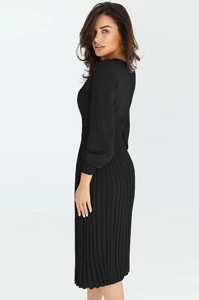 Robe Tricot Épousant à Manches Longues Brodée et Plissée