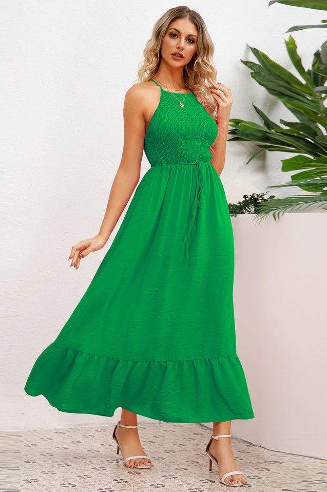 Robe de Cérémonie à Bretelles Spaghetti Croisées et Smockée