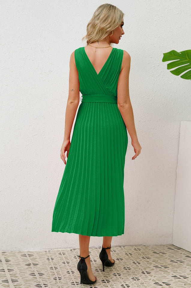 Robe Sans Manches Plissée avec Ceinture