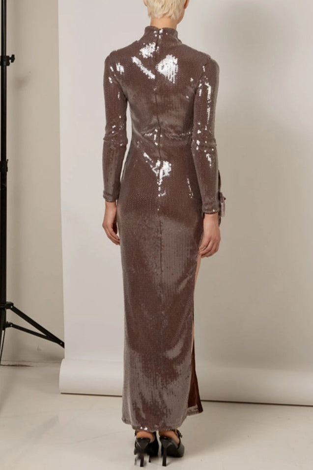 Robe Maxi à Manches Longues Brodée avec Détail Nœud en Sequins