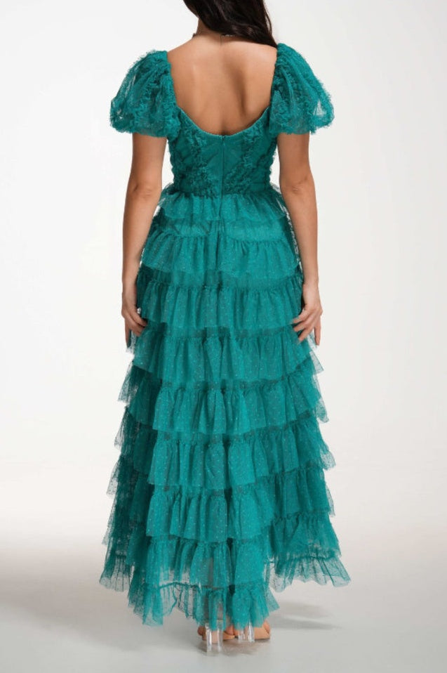 Robe de Cérémonie Évasée à Volants Décolleté Bardot