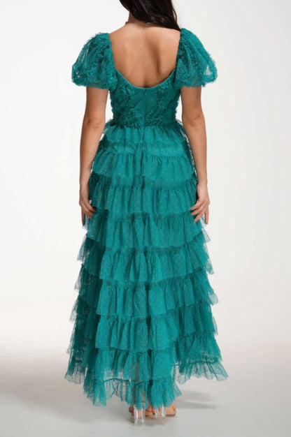Robe de Cérémonie Évasée à Volants Décolleté Bardot