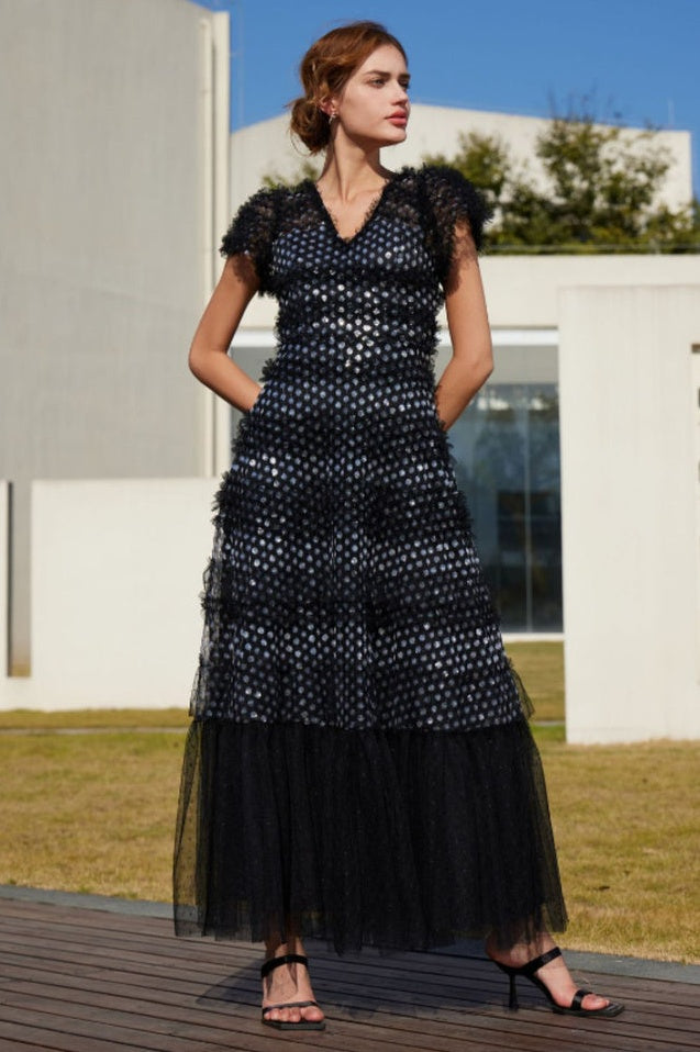 Robe Maxi en Tulle à Volants Superposés et Paillettes