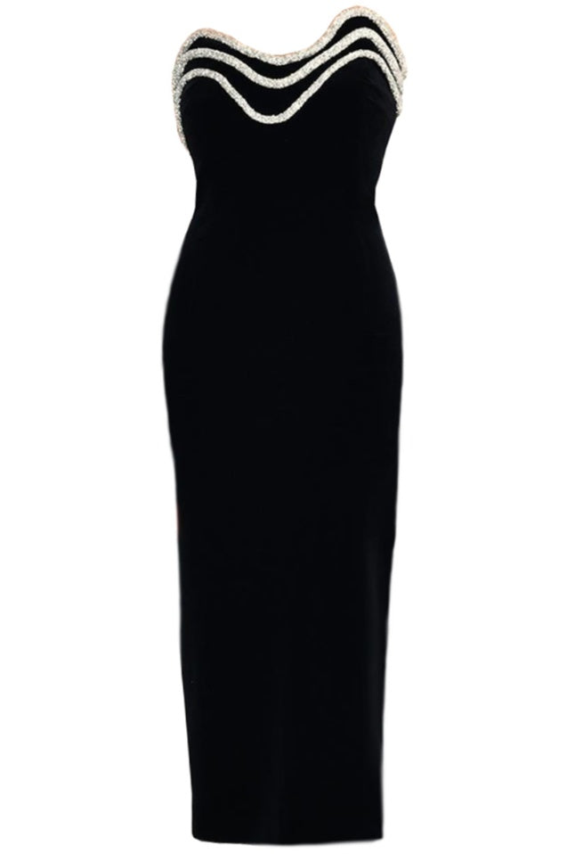 Robe Midi Sans Bretelles à Détails en Cristal