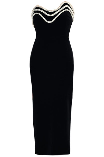 Robe Midi Sans Bretelles à Détails en Cristal