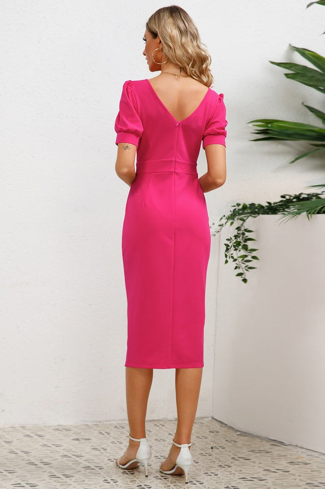 Robe Midi Bodycon à Manches Bouffantes, Volants et Fente