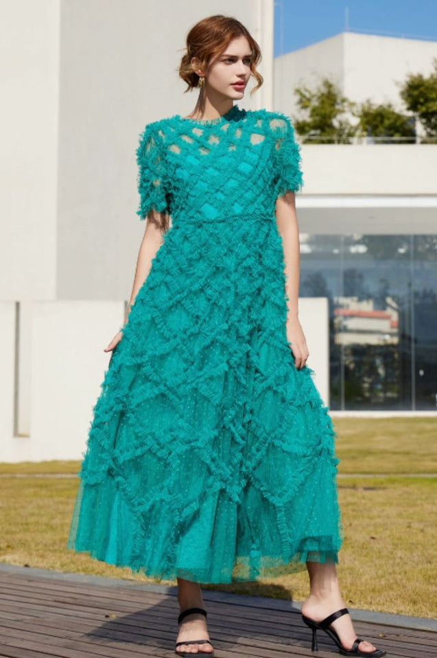 Robe Maximaliste à Volants en Tulle Taille Haute Opulente