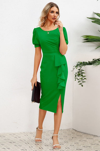 Robe Midi Bodycon à Manches Bouffantes, Volants et Fente