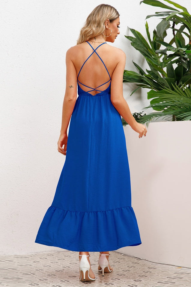 Robe de Cérémonie à Bretelles Spaghetti Croisées et Smockée