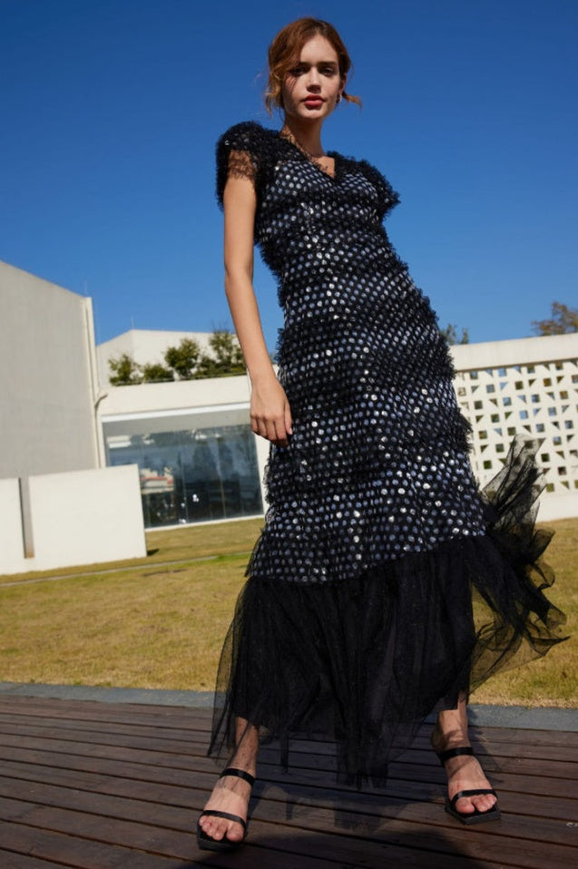 Robe Maxi en Tulle à Volants Superposés et Paillettes