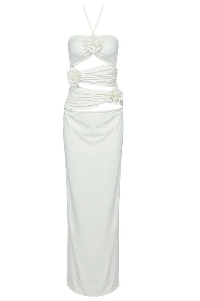 Robe Maxi Évasée à Col Halter, Découpes et Fronces