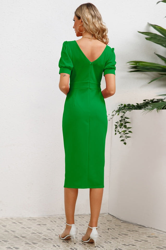 Robe Midi Bodycon à Manches Bouffantes, Volants et Fente
