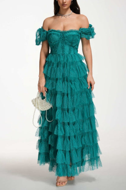 Robe de Cérémonie Évasée à Volants Décolleté Bardot