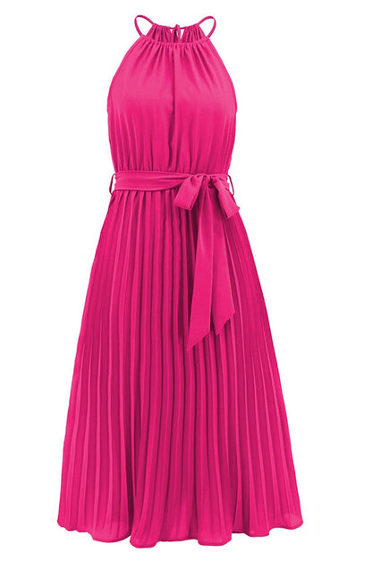 Robe Midi Évasée à Bretelles Spaghetti et Taille Cintrée Plissée