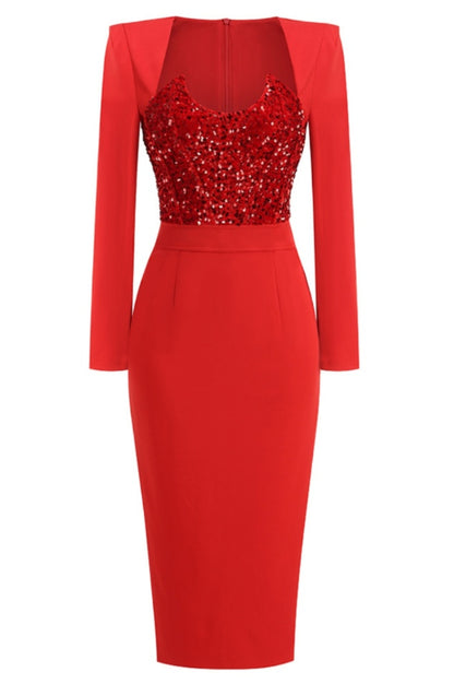 Robe Midi à Manches Longues Brodée de Sequins