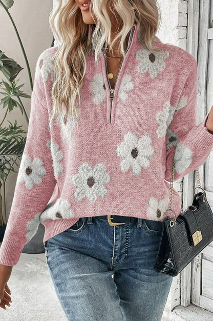Pull Mi-zipper à Motif Floral