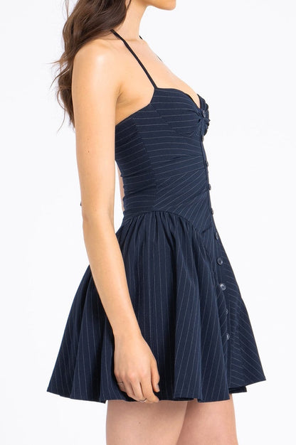 Robe Mini Halter à Taille Basse Brodée à Rayures Mélodie