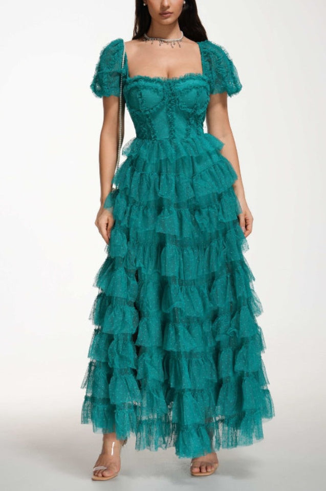 Robe de Cérémonie Évasée à Volants Décolleté Bardot - Révier Paris