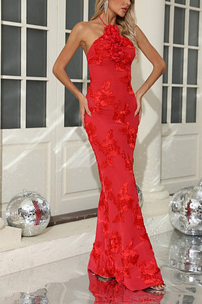 Robe Brodée 3D à Décolleté Halter
