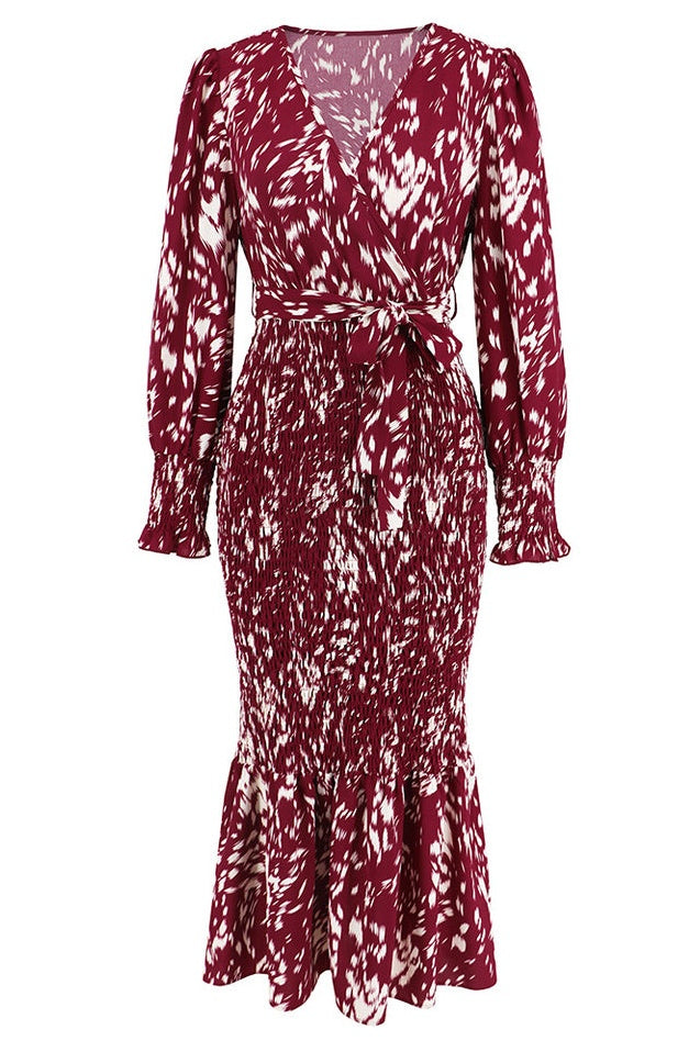 Robe Midi Smockée Imprimée à Col V